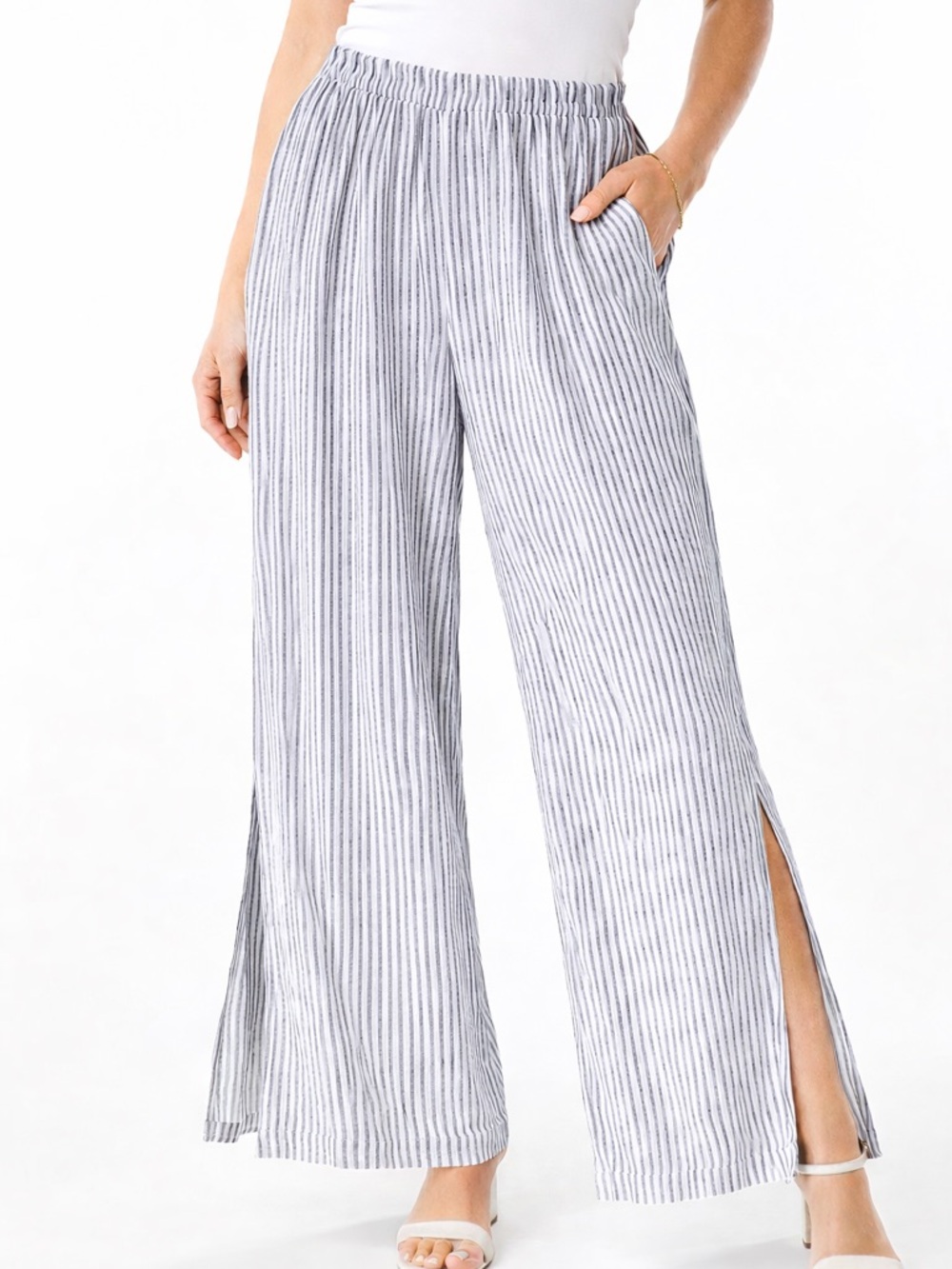 West Loop Striped Wide-Leg Split Hem Pants - Navy and White Pinstripe